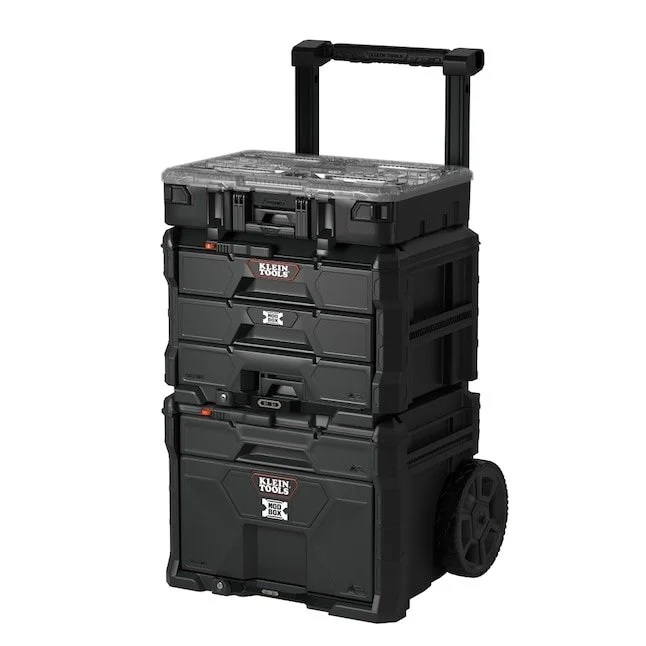 Klein Tools MODbox Blackout three piece modular rolling tool box system with heavy duty wheels and side rails