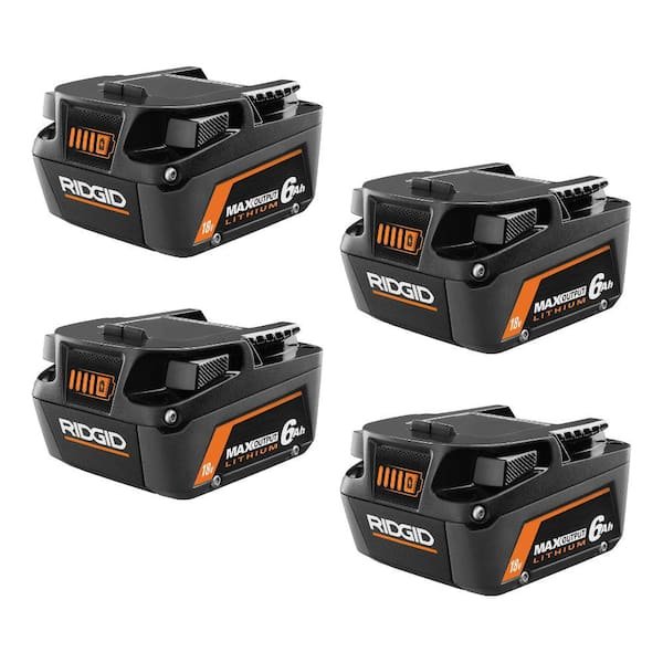 RIDGID 18V 6.0 Ah MAX Output Lithium Ion Battery 4 Pack on sale at The Home Depot for $259, marked down from $538 for 52% off, featuring LED fuel gauge, compact design, and compatibility with all RIDGID 18V tools and chargers.
