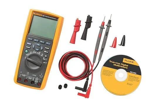 Fluke 287 True RMS electronics logging multimeter with backlit LCD display and test leads