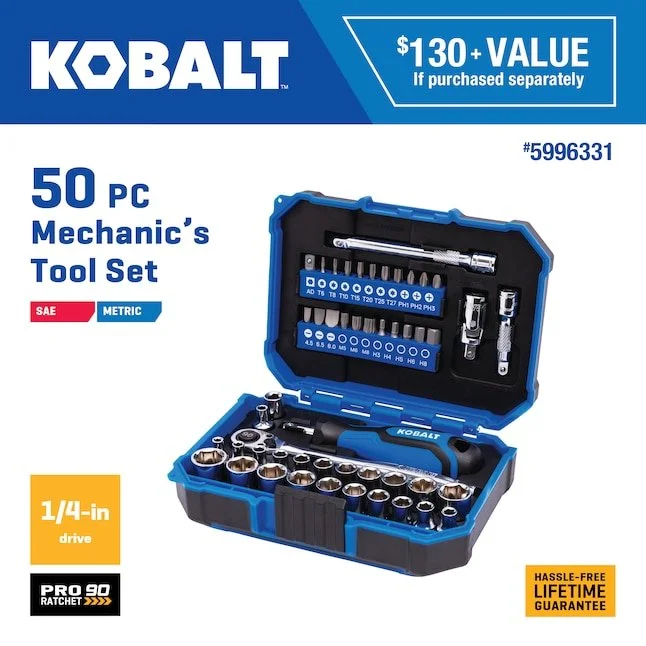 Kobalt 50 piece mechanics tool set in an open hard case showing the ratchet sockets and driver bits