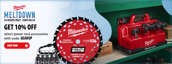 Milwaukee power tool accessories including SAWZALL blades, hole saws, and impact driver bits on sale for 10% off with code GEARUP at Acme Tools