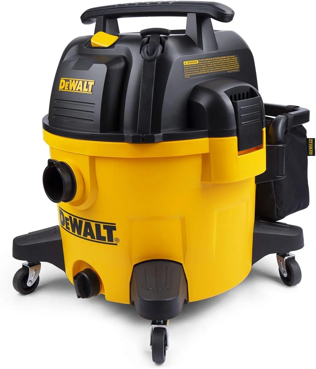 DEWALT 9 gallon yellow poly wet and dry shop vacuum with hose and accessories.