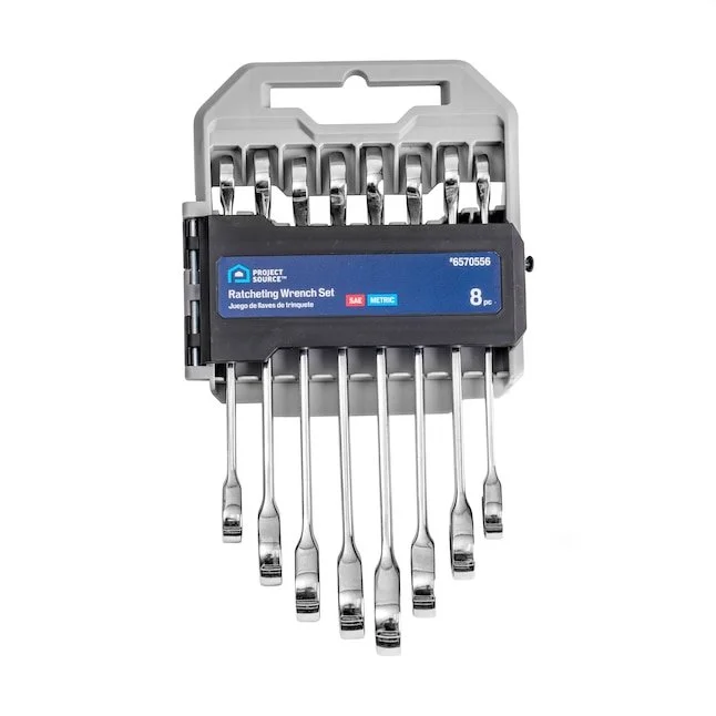 Project Source 8 piece metric and SAE standard ratcheting wrench set with polished chrome finish displayed in a convenient storage rack.