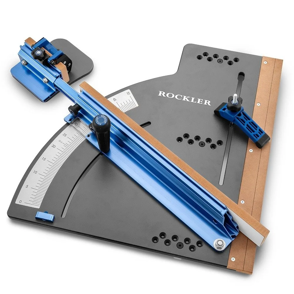 Rockler Table Saw Crosscut Sled with telescoping aluminum fence, flip stop, and hold down clamp