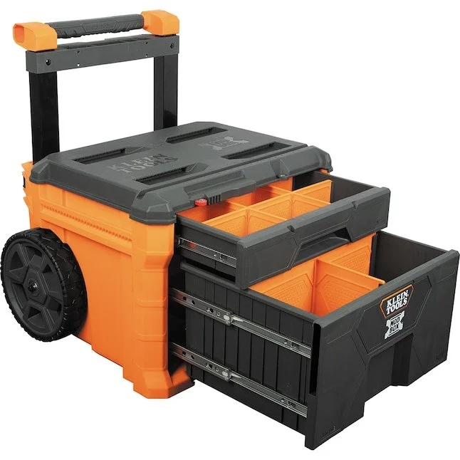 Klein Tools MODbox Two Drawer Rolling Tool Box with 10 inch wheels and telescoping handle.