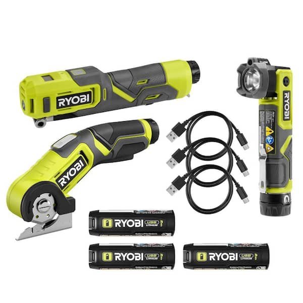 RYOBI USB Lithium 3 Tool Combo Kit with Power Cutter Flashlight Inflator and Batteries