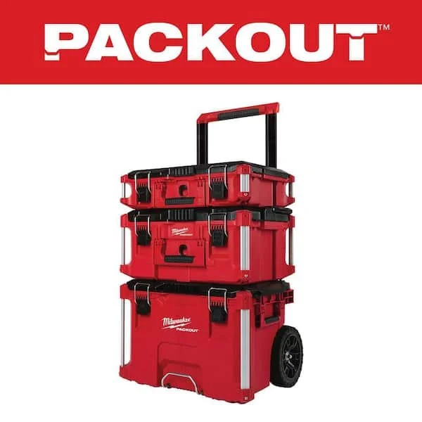 Milwaukee PACKOUT 3 piece modular storage stack featuring the rolling tool box large box and medium box with red finish and black metal reinforced corners.