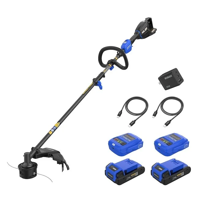 Kobalt 48V MAX leaf blower and attachment capable string trimmer highlighting the 30 dollars off online deal at Lowes