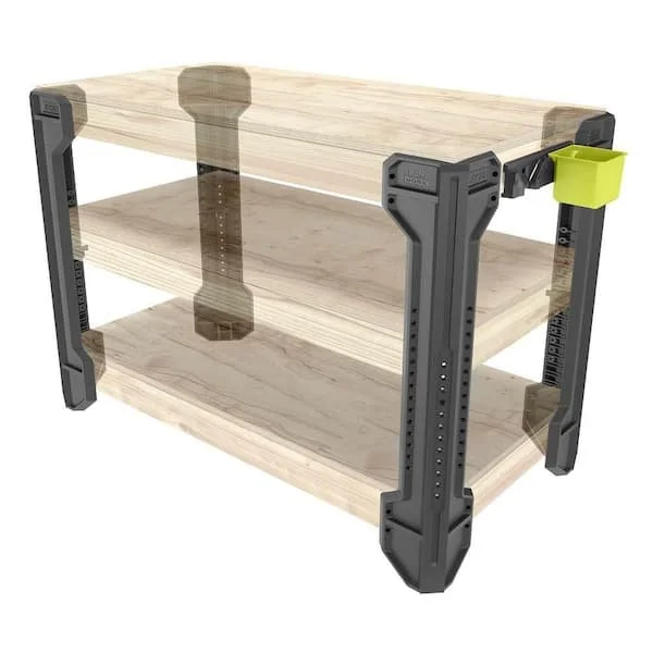 RYOBI Framework Customizable Workbench with polymer legs, adjustable middle shelf, and LINK accessory rail on sale for $69.98