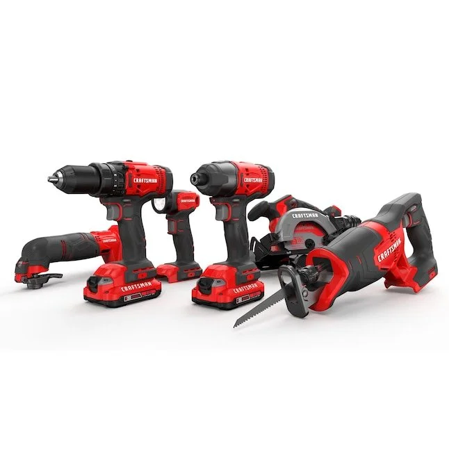 CRAFTSMAN V20 6 tool cordless power tool combo kit including a drill, impact driver, two saws, oscillating tool, and light with two batteries.