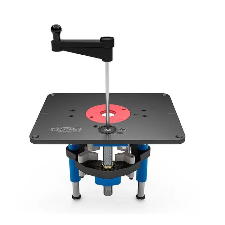 Kreg Precision Router Lift featuring a blue hard anodized aluminum plate with a silver adjustment handle and a black bearing guided carriage for motor mounting.