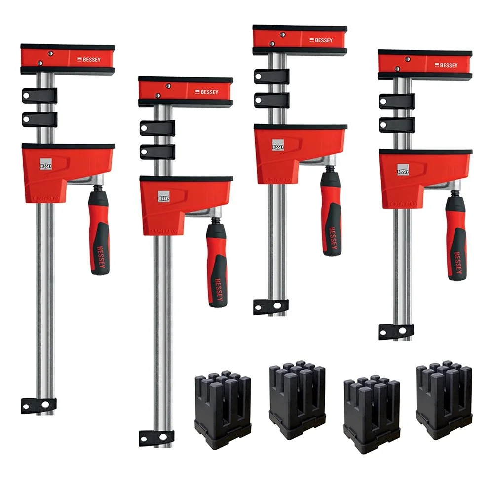 Bessey REVOlution parallel clamp and framing kit on sale for $174.99 with 24 inch and 40 inch clamps and KP Blocks for square woodworking glue ups