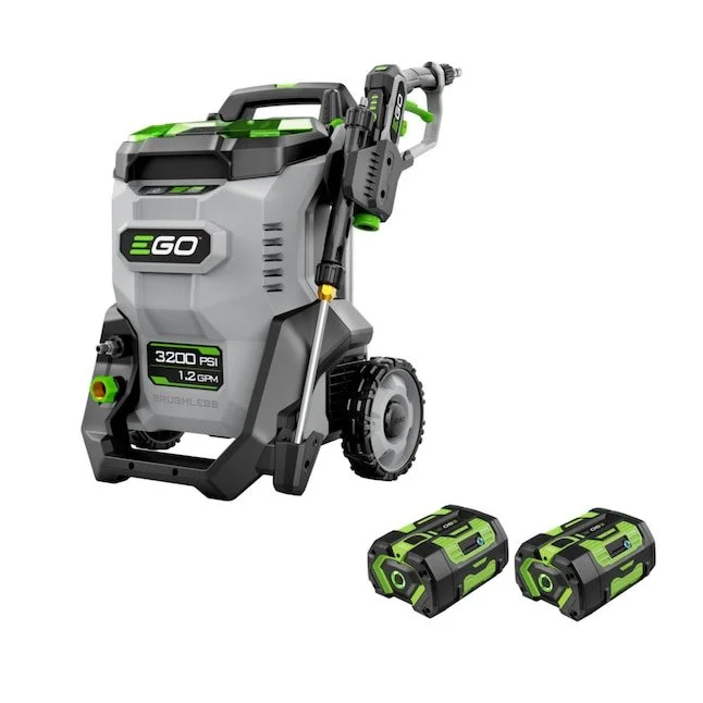 EGO POWER+ 3200 PSI battery powered pressure washer with green accents and two 56V batteries on a gray and black wheeled frame.