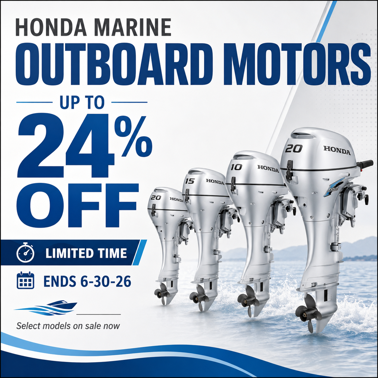 Honda Marine silver four stroke outboard motor showcasing the clean portable design and multi blade propeller system