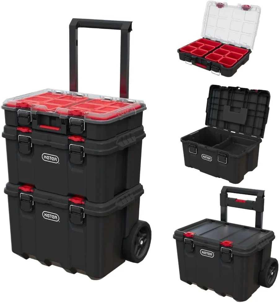 A Keter Stack N Rolling three piece modular tool storage system including a rolling cart toolbox and small parts organizer on sale.