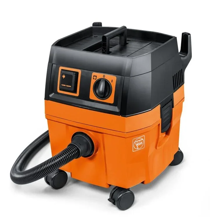 Fein Turbo I 5.8 Gallon wet and dry vacuum dust extractor in orange and black with a 13 foot hose and 360 degree wheels.