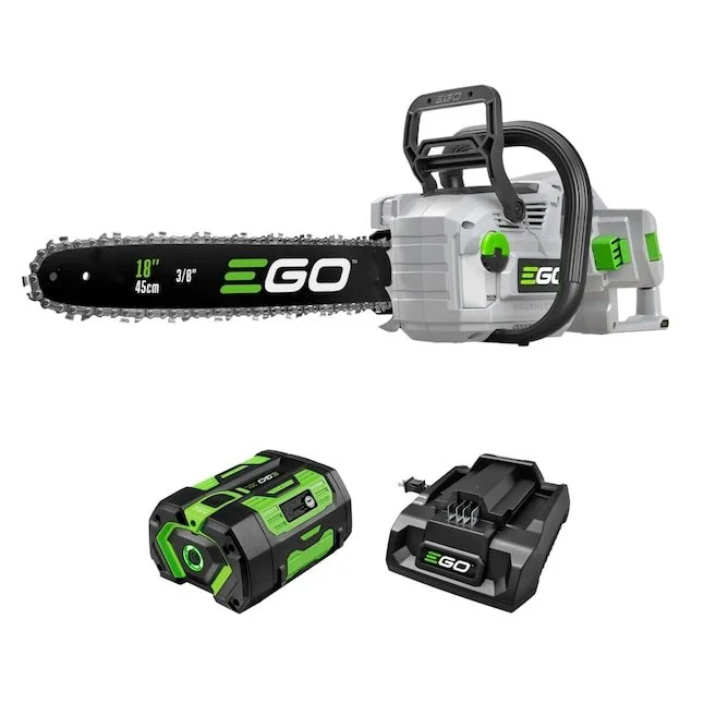 EGO POWER+ 56 volt 18 inch battery powered chainsaw resting on a cut log displaying the large guide bar and battery housing