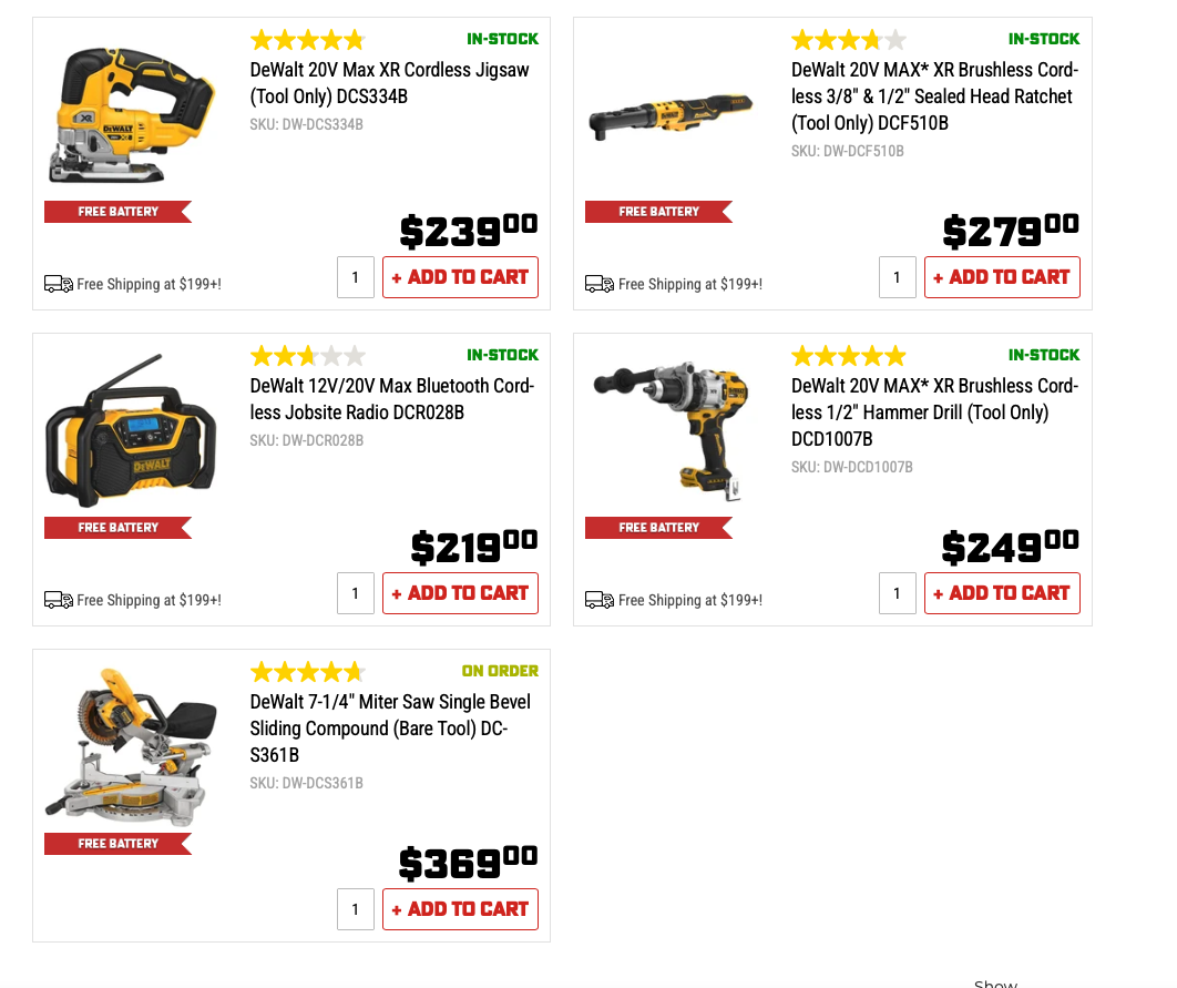 Two free DeWalt 20V MAX 4.0Ah PowerPack batteries offered with select bare tool purchases