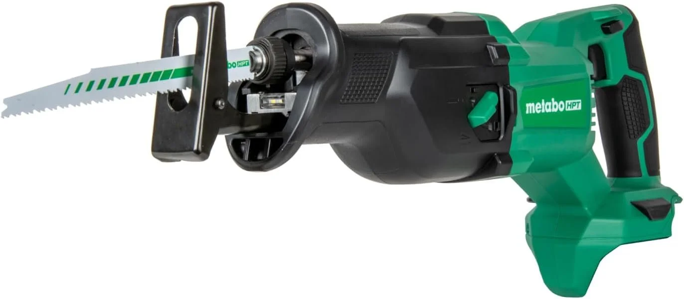 Metabo HPT 18V MultiVolt cordless reciprocating saw tool body featuring a green and black ergonomic grip and orbital mode switch.