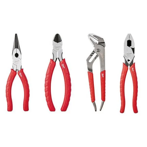 Milwaukee 4 piece pliers kit featuring lineman's pliers with crimper, long nose pliers, diagonal cutters, and straight jaw pliers with red comfort grips.
