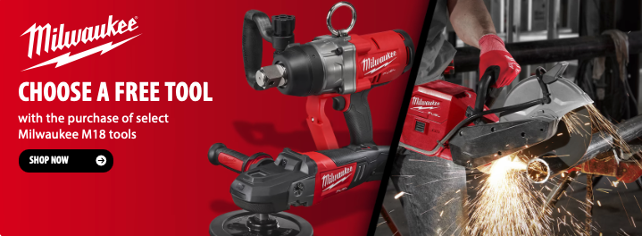 Milwaukee M18 free tool promotion at Acme Tools, buy a select M18 item and get a free M18 bare tool or battery through November 1, 2026