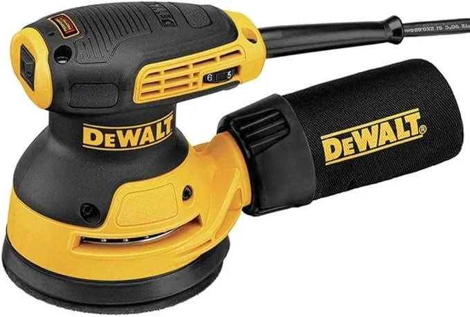 DEWALT 5 inch variable speed random orbit sander with yellow housing and black rubber grip