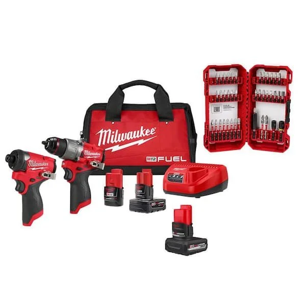 Milwaukee M12 FUEL 12V hammer drill and impact driver combo kit with 5.0Ah battery and 40 piece SHOCKWAVE bit set