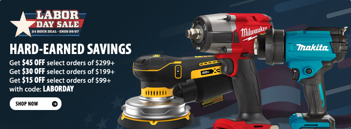 Acme Tools Labor Day sale promo graphic showing save $15 to $45 on select orders of $99 or more with code LABORDAY