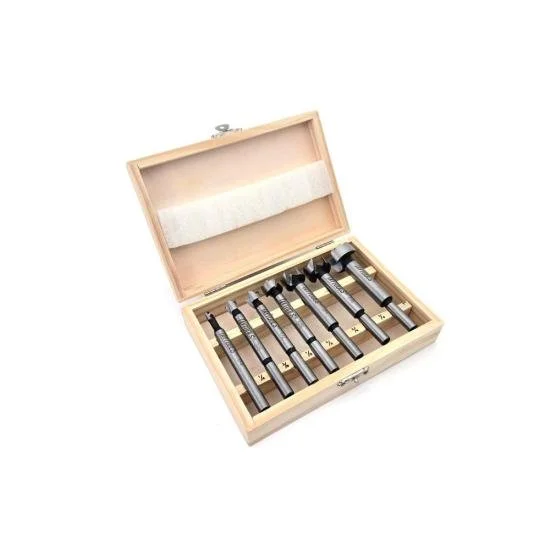 Taytools 7 piece Forstner drill bit set in wooden storage box on sale 25% off for clean flat bottom holes in hardwood and softwood