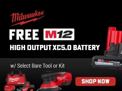 Free Milwaukee M12 REDLITHIUM High Output XC5.0 battery promotion with select M12 bare tools and kits at Ohio Power Tool