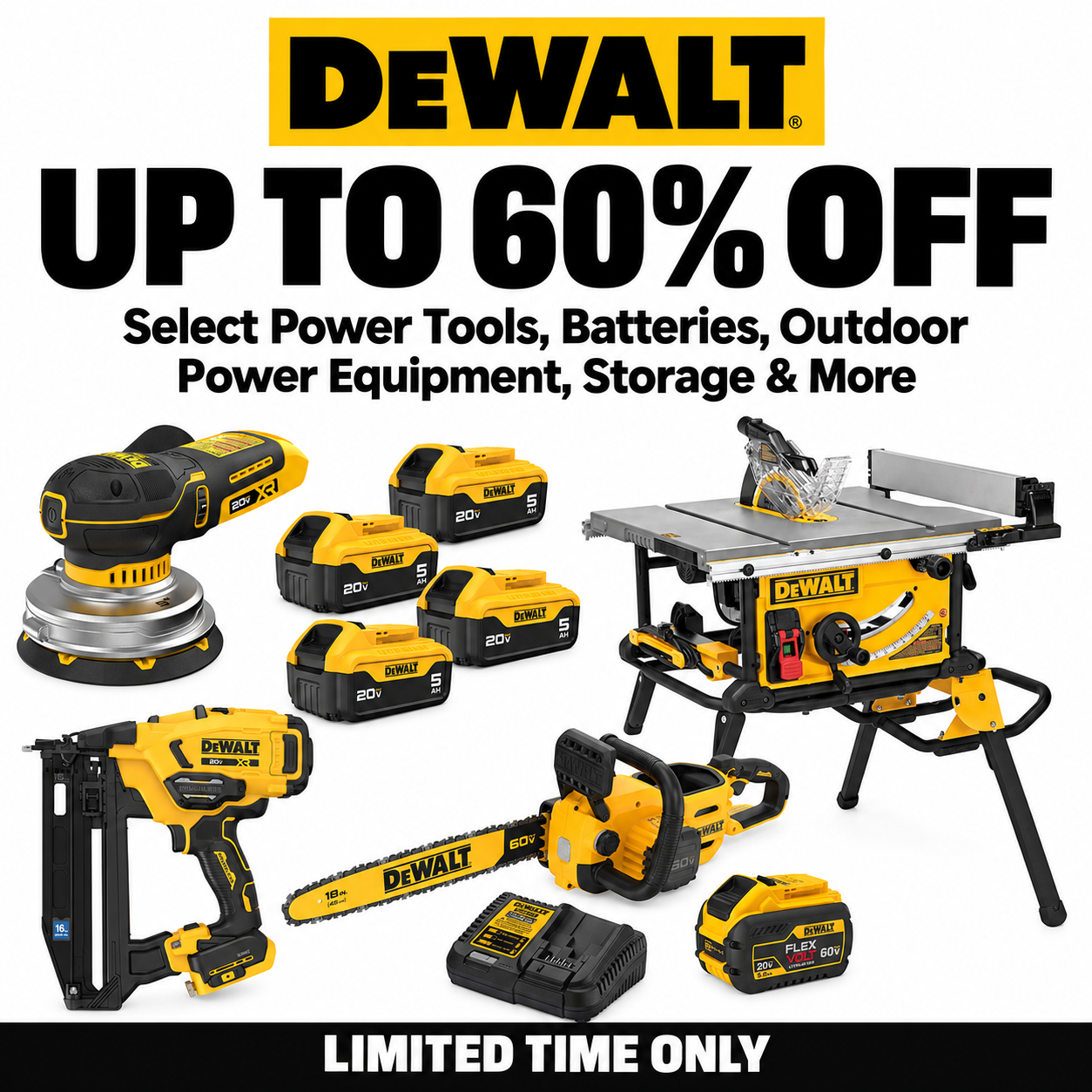 DEWALT power tools, outdoor power equipment, storage, and batteries on sale at The Tool Nut