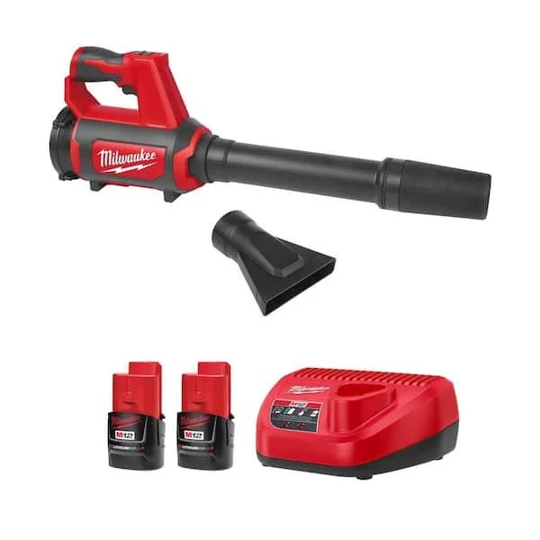 Milwaukee M12 12V Lithium Ion Cordless Compact Spot Blower starter kit with two M12 2.0 Ah batteries and charger on sale for $119 at Home Depot
