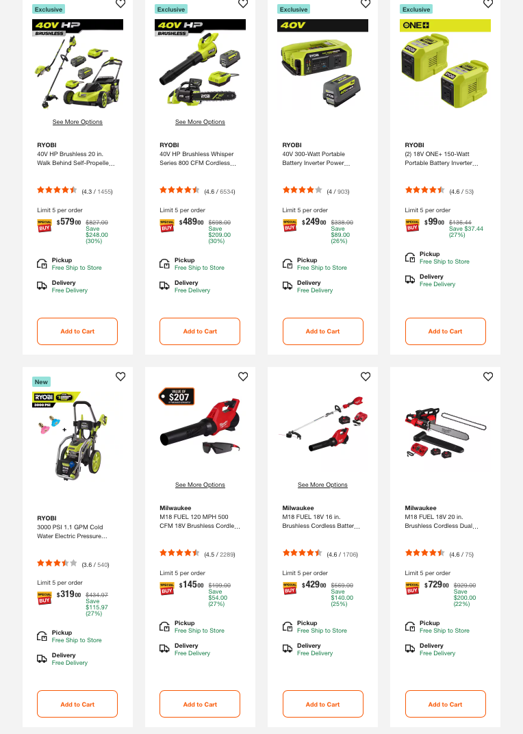 A collection of Home Depot outdoor power equipment including a mower string trimmer and blower sitting on a green lawn.
