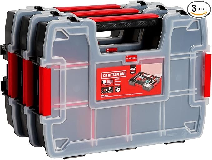 CRAFTSMAN 3 pack small parts storage organizers with clear lids and red removable dividers showing hardware storage.