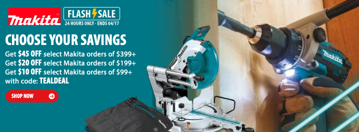 Selection of Makita 18V LXT and 40V XGT cordless power tools including drills and impact drivers with the teal brand logo.