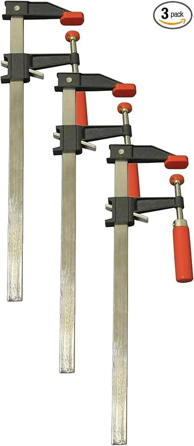 Three Bessey 30 inch clutch style bar clamps with 600 lb clamping force and non marring pads for woodworking.