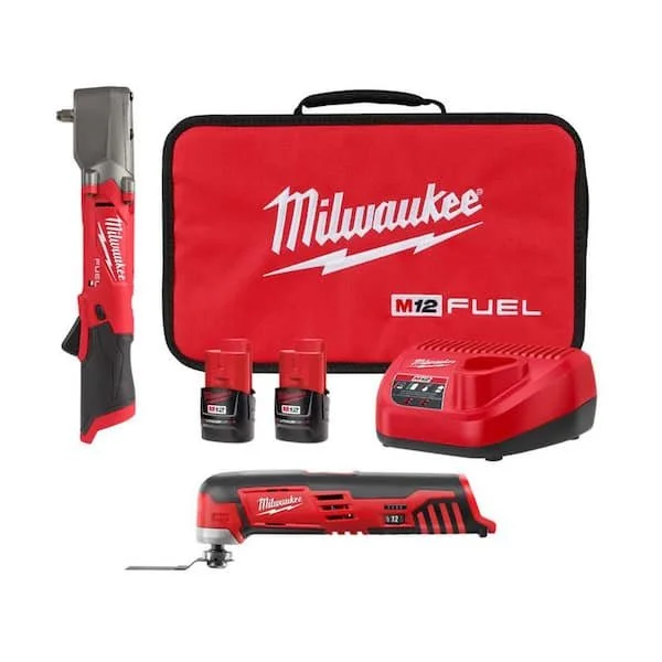 Milwaukee M12 FUEL 3/8 inch right angle impact wrench kit with two batteries and M12 multi tool.