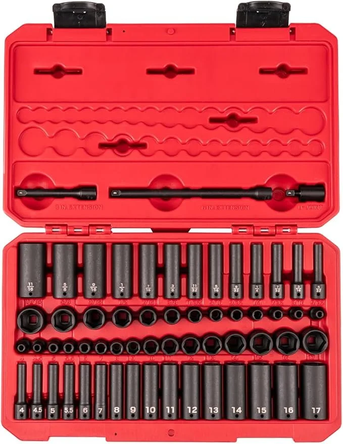 TEKTON 61 piece 1/4 inch drive shallow and deep 6 point impact socket set in a black carrying case.
