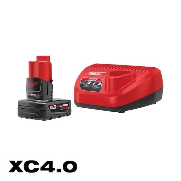 Milwaukee M12 starter kit featuring 4.0 Ah extended capacity battery pack and charger pack on a plain background.