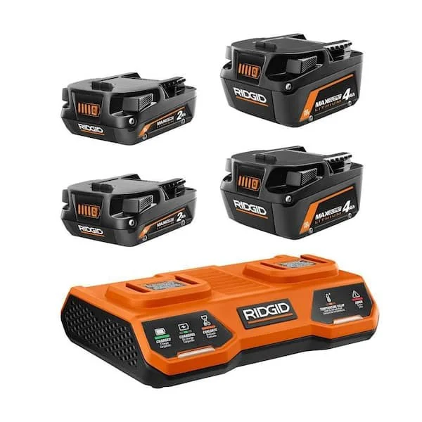 RIDGID 18V starter kit with two 4.0Ah and two 2.0Ah MAX Output lithium ion batteries and dual port simultaneous charger on sale at Home Depot for $159