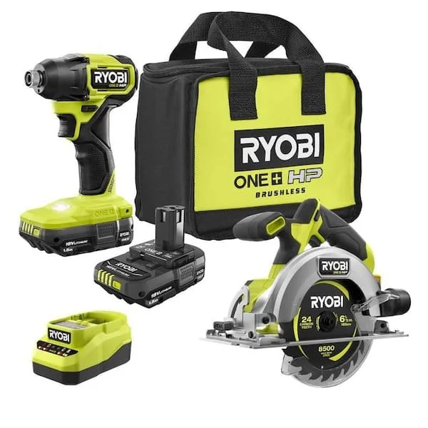 RYOBI ONE+ HP 18V brushless compact impact driver kit with two batteries charger and free brushless 6-1/2 inch circular saw $99 off today only at Home Depot