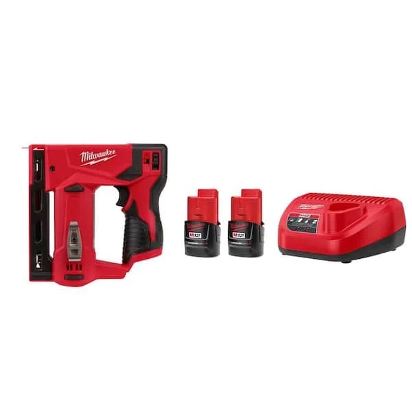 Milwaukee M12 12V cordless 3/8 in. crown stapler starter kit with two 2.0Ah batteries and charger on sale for $119