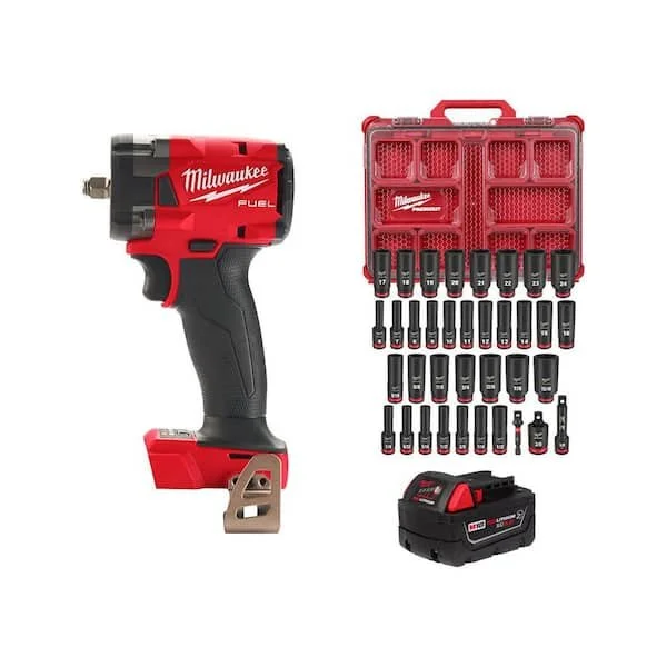 Milwaukee M18 FUEL GEN 3 18V 3/8 inch impact wrench with 5.0 Ah battery and 36 piece SHOCKWAVE PACKOUT socket set on sale for $399, save $280 today only