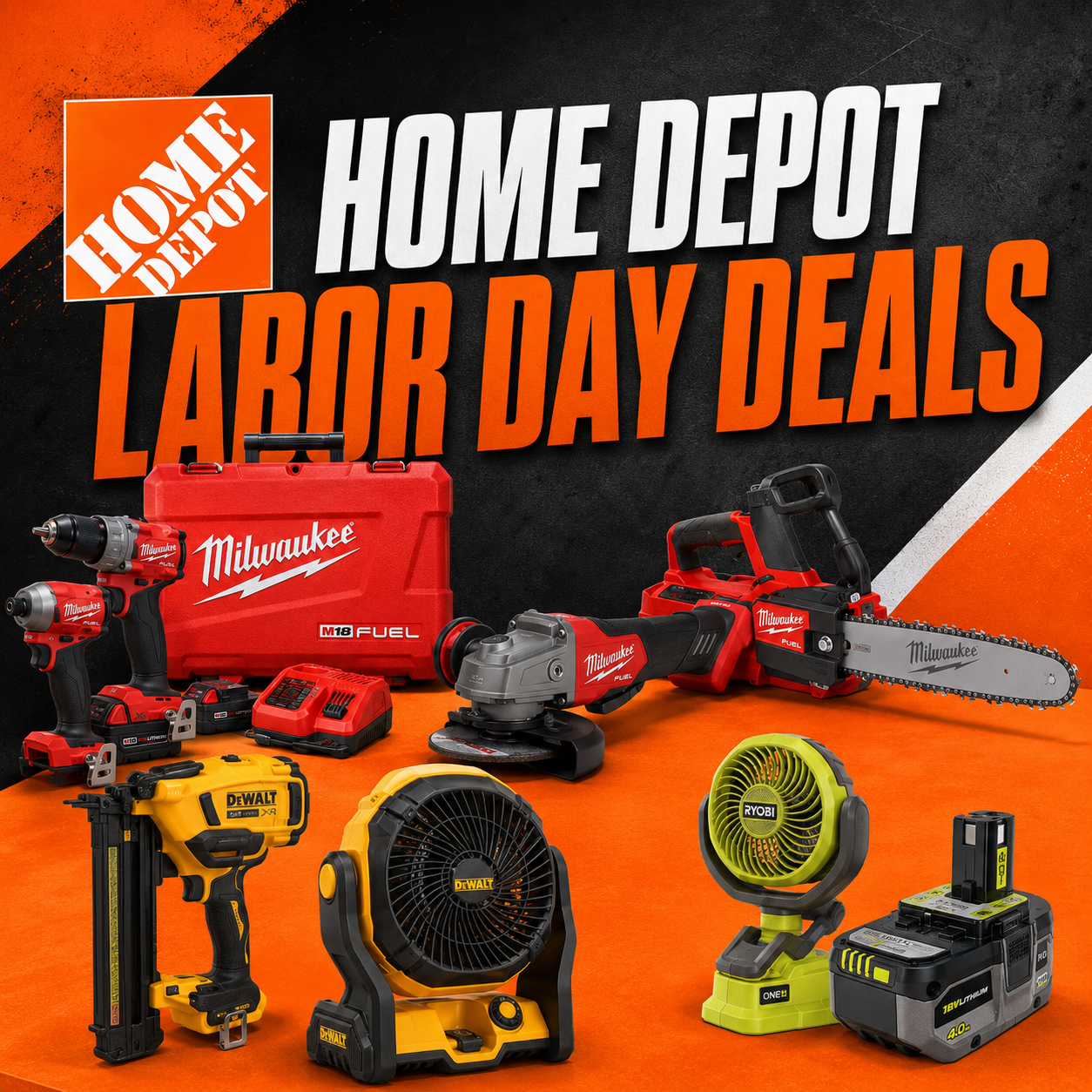 Home Depot Labor Day tool deals featuring Milwaukee, RYOBI, and DeWALT power tools, batteries, and shop equipment on sale