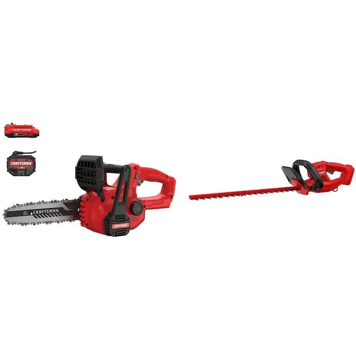Craftsman V20 cordless outdoor power tool combo kit featuring a leaf blower and string trimmer with red and black housing.