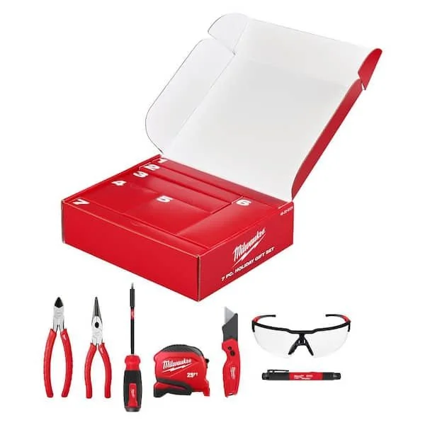 Milwaukee 2026 Limited Edition 7 Piece Hand Tool Holiday Gift Set with pliers, screwdriver, and tape measure