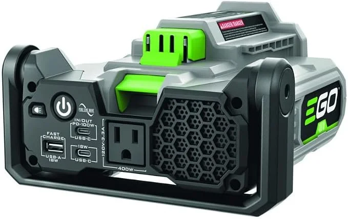 EGO POWER+ PAD5000 400W portable power inverter with pure sine wave 120V outlet, USB C PD and USB A ports, and built in LED lights for EGO 56V ARC Lithium batteries