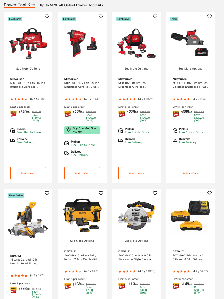 Home Depot Deal of the Day featuring up to 55% off select Milwaukee, RYOBI, DEWALT, and RIDGID power tool kits, today only August 17, 2026