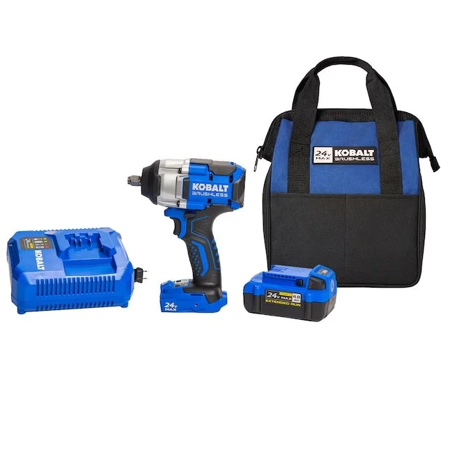 Kobalt 24V brushless 1/2 inch impact wrench with battery and fast charger on a clean background.
