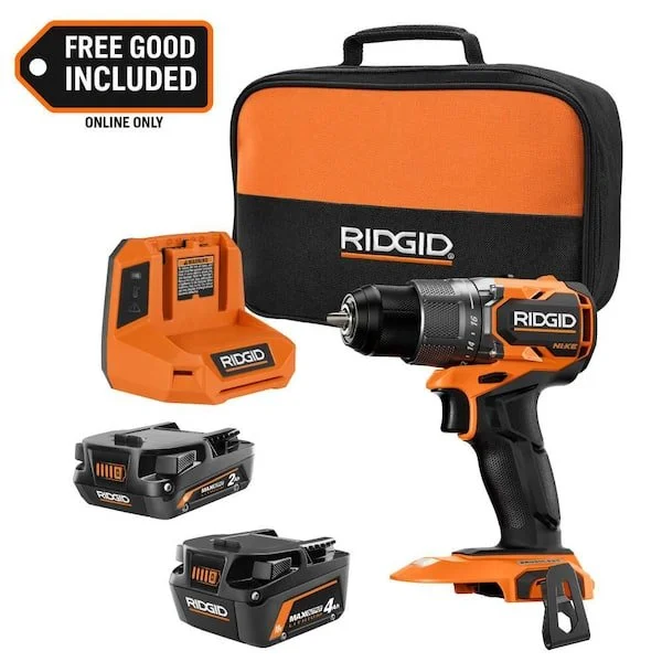 RIDGID 18V NUKE SubCompact brushless cordless 1/2 in. drill driver kit with 2.0 Ah battery, free 4.0 Ah MAX Output battery, charger, belt hook, and tool bag